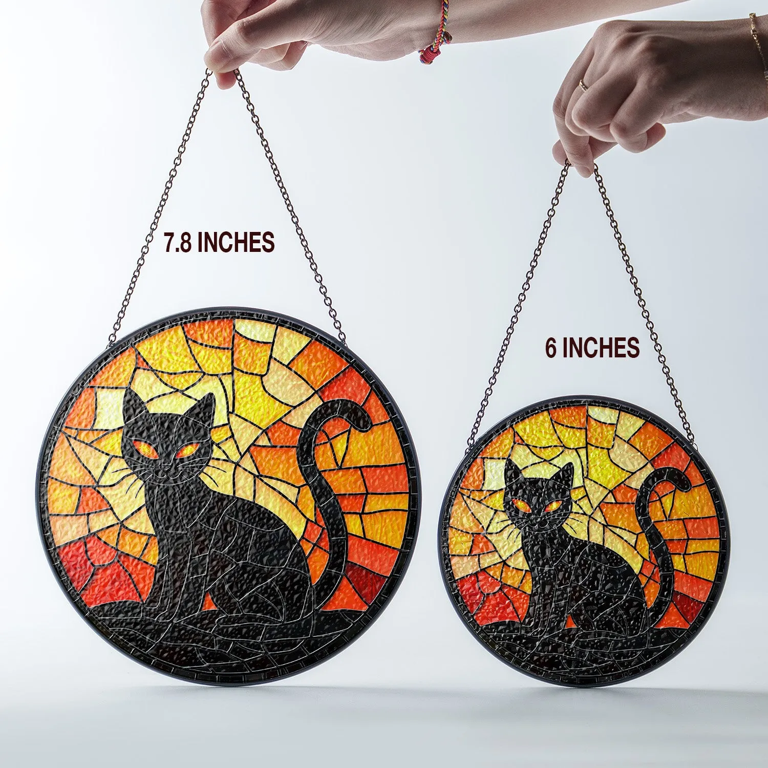 Halloween Stained Glass Suncatcher Collection | Decorative Window Hanging | 2 Sizes | Holiday Decor Accents | Black Cat