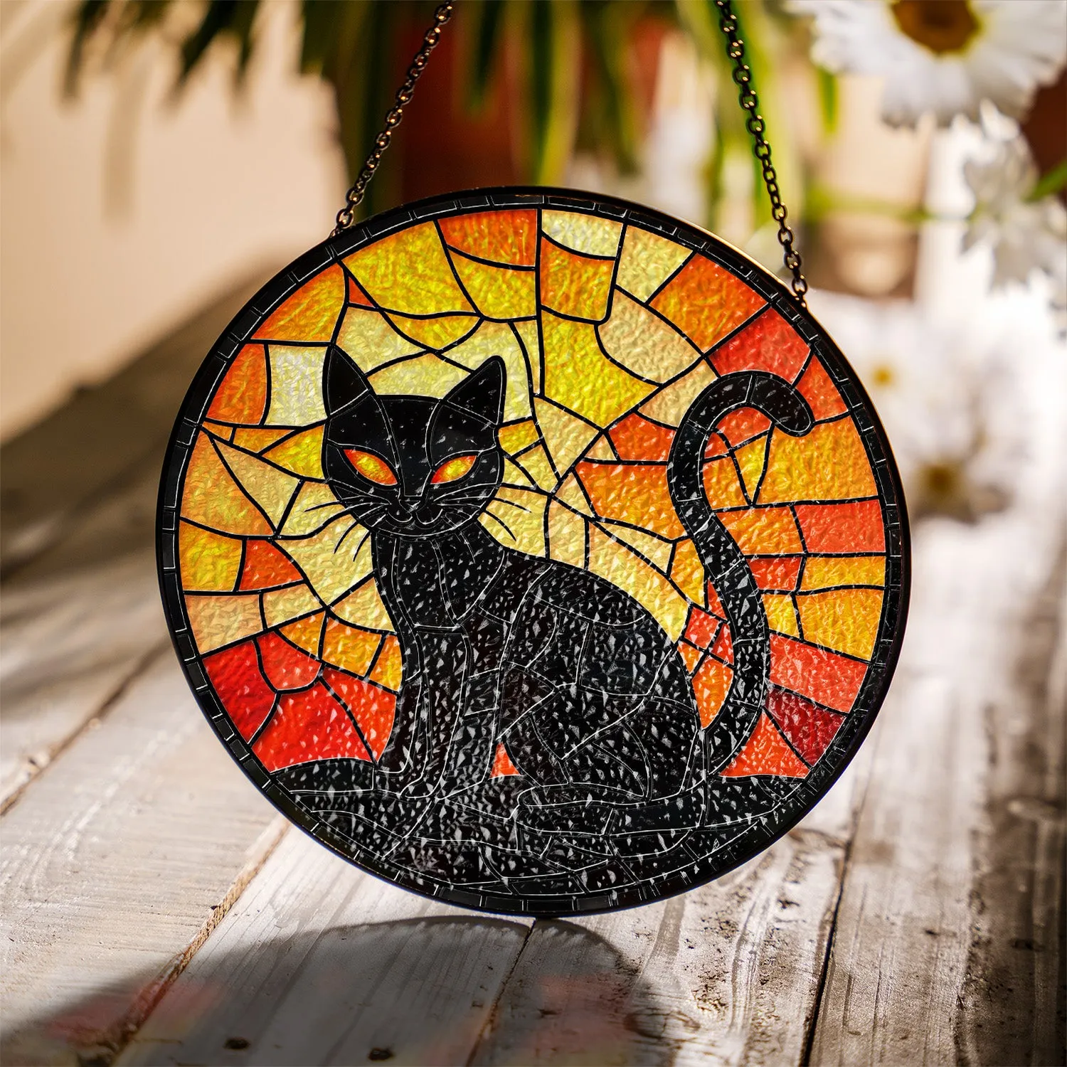 Halloween Stained Glass Suncatcher Collection | Decorative Window Hanging | 2 Sizes | Holiday Decor Accents | Black Cat