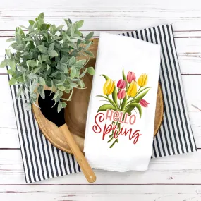 Hello Spring, Floral Design, Spring Tea Towel,  Kitchen Décor, Hostess Gift