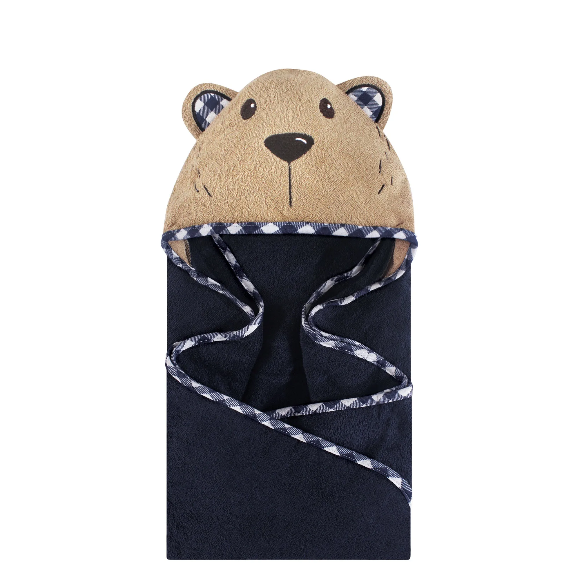 Hudson Baby Cotton Animal Face Hooded Towel, Plaid Bear