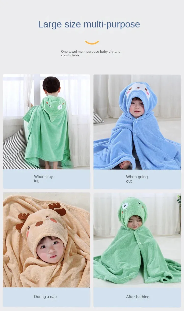 Infant Blanket, Male and Female Baby Cartoon Coral Velvet Bathrobe, Thickened Lint-free Children's Bath Towel, Hooded Cloak