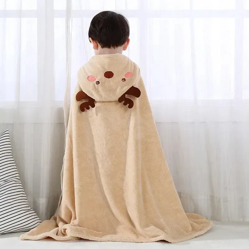 Infant Blanket, Male and Female Baby Cartoon Coral Velvet Bathrobe, Thickened Lint-free Children's Bath Towel, Hooded Cloak