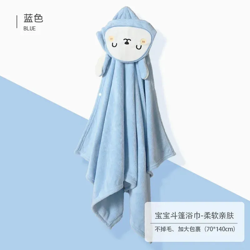 Infant Blanket, Male and Female Baby Cartoon Coral Velvet Bathrobe, Thickened Lint-free Children's Bath Towel, Hooded Cloak