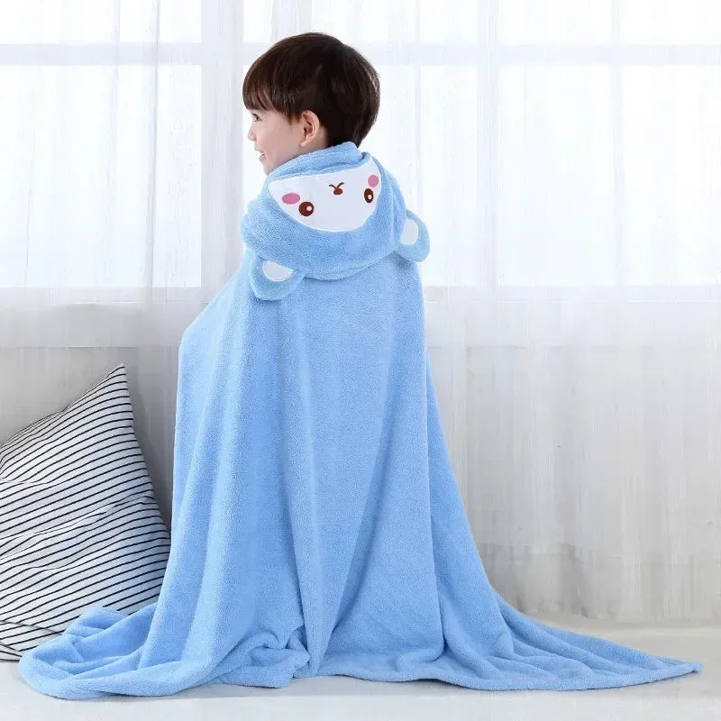 Infant Blanket, Male and Female Baby Cartoon Coral Velvet Bathrobe, Thickened Lint-free Children's Bath Towel, Hooded Cloak