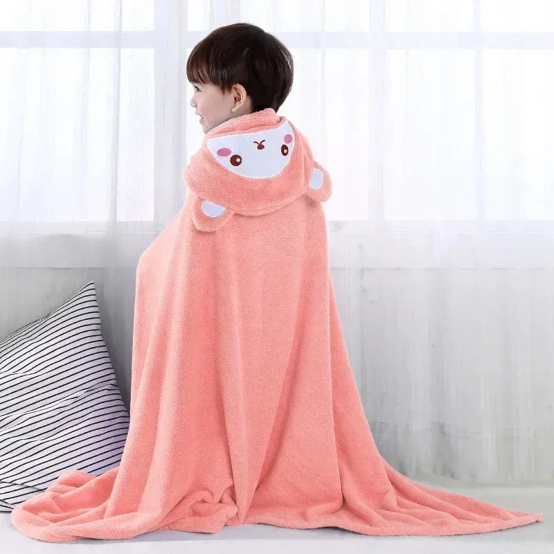 Infant Blanket, Male and Female Baby Cartoon Coral Velvet Bathrobe, Thickened Lint-free Children's Bath Towel, Hooded Cloak