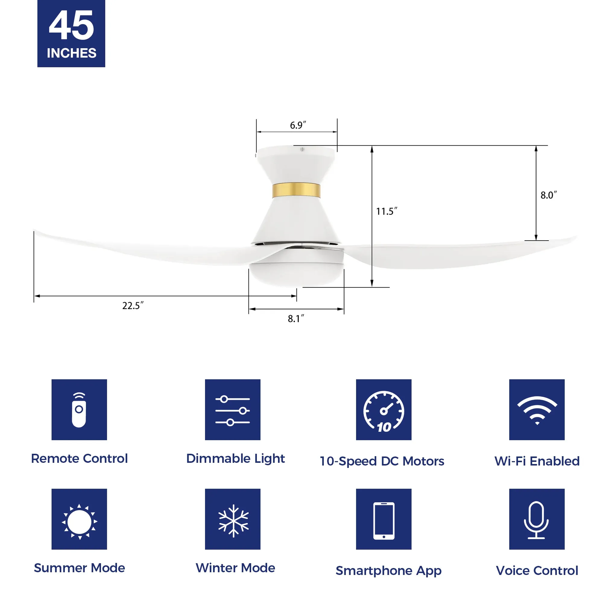 Joliet Plus Low Profile Smart Fan with LED light and Remote 45 Inch