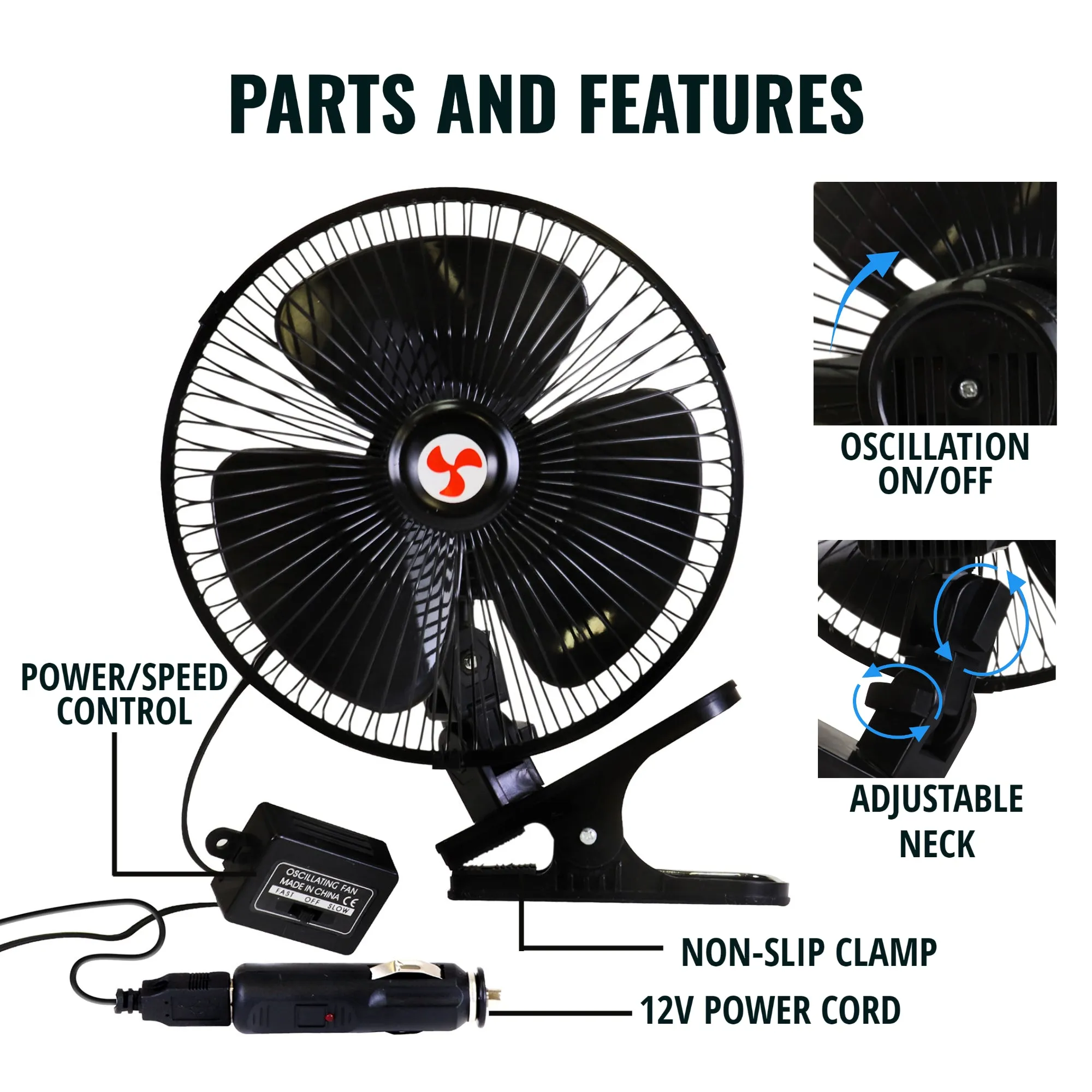 Koolatron 12V Clip-On Oscillating Fan, 2 Speeds, Two-Way Adjustable Neck, Heavy-Duty Non-Slip Clamp, 4 Ft (1.2 m) Power Cord, Black, Efficient Air Circulation for Car, SUV, Truck, RV, Boat, Black