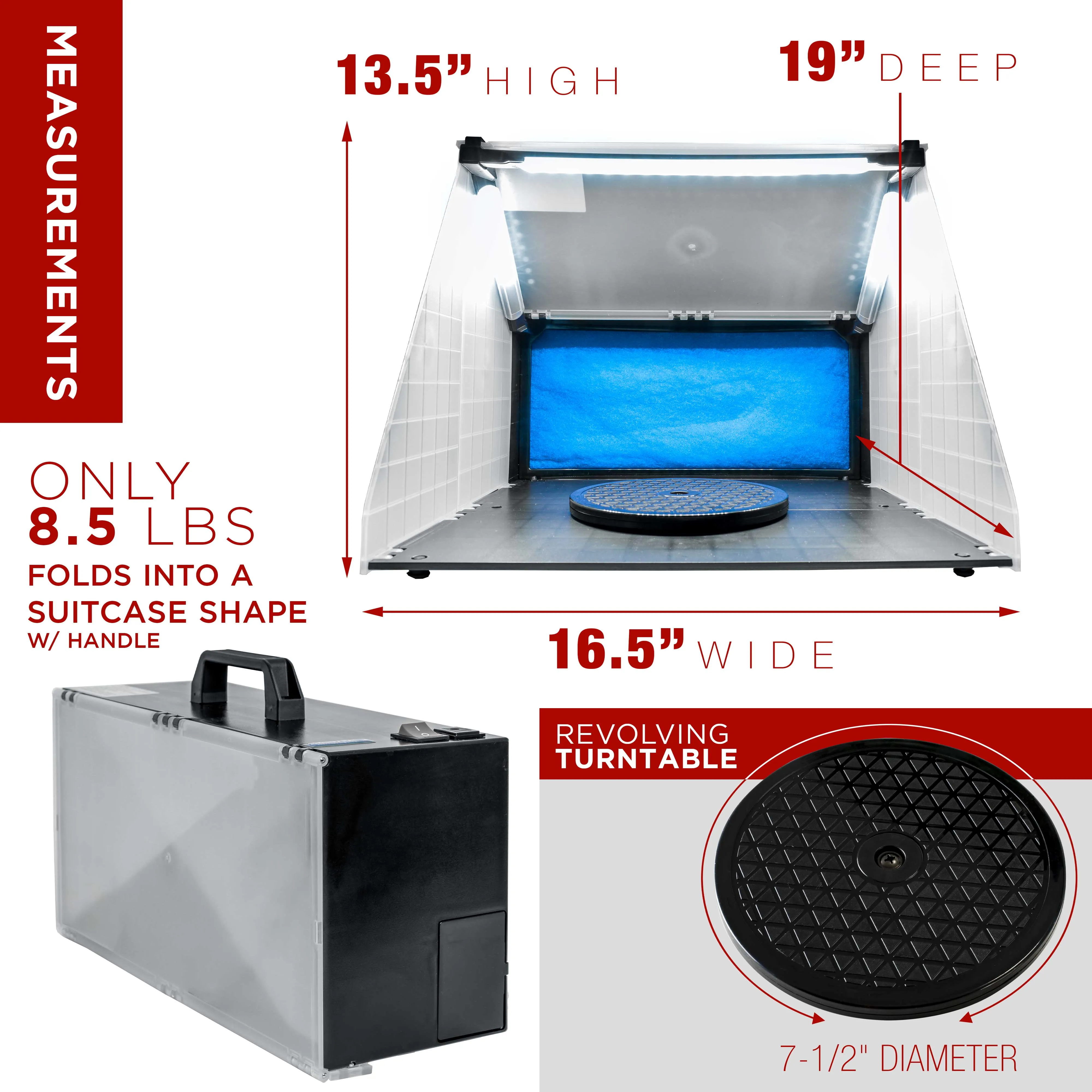 Lighted Airbrush Hobby Spray Booth with LED Lighting - Portable, Lightweight with 25W Fan, 16.5"x19"x13.5" Work Area, Turntable, 6' Exhaust Hose - Ideal for Airbrush, Art & Crafts