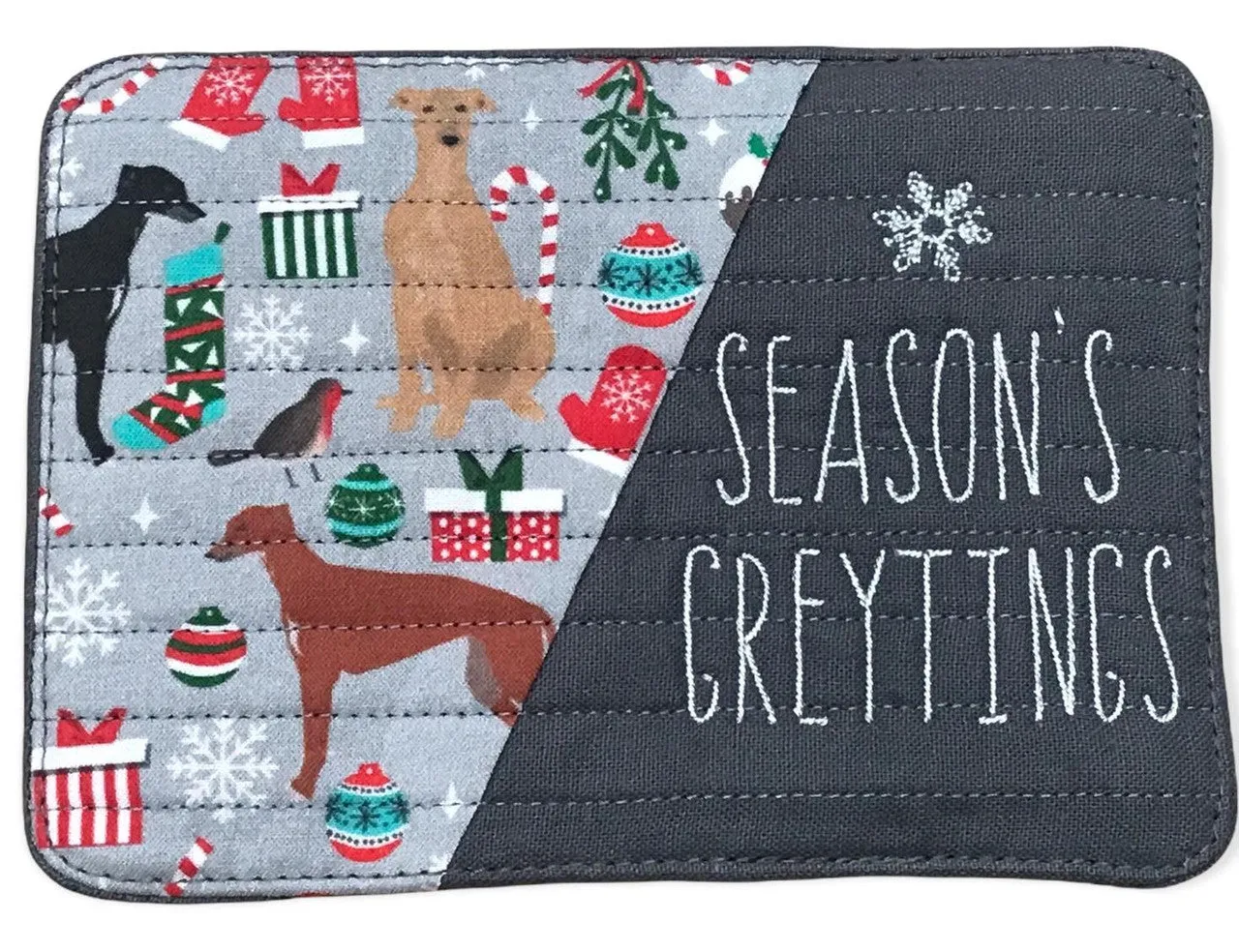 Mug Rug - Season's Greytings Greyhounds Light Grey / Grey  Quilted Lines