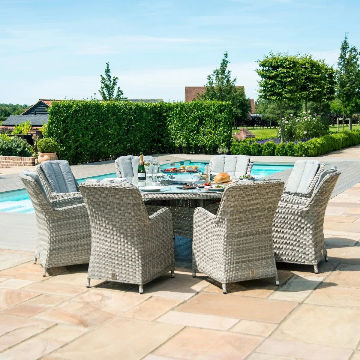 Oxford Venice 8 Seat Round Grey Rattan Garden Dining Set with LPG FirePit