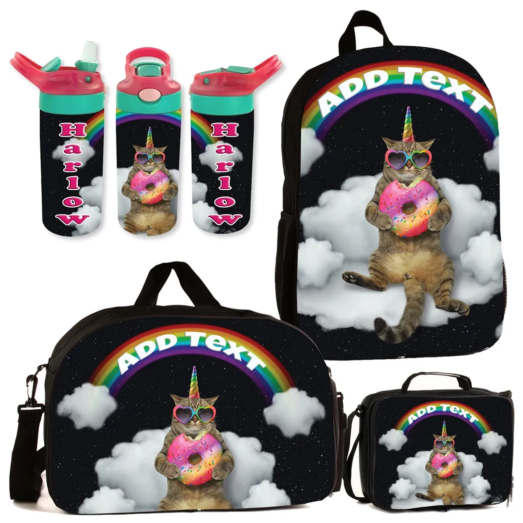 Personalized Full Color Backpacks, Lunch Bag, Duffel Bag, or Water Bottle - Cat With Donut