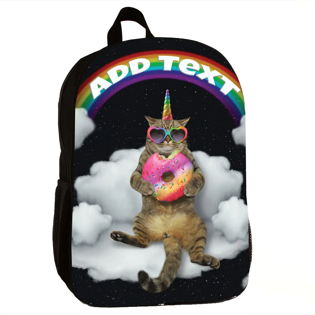 Personalized Full Color Backpacks, Lunch Bag, Duffel Bag, or Water Bottle - Cat With Donut