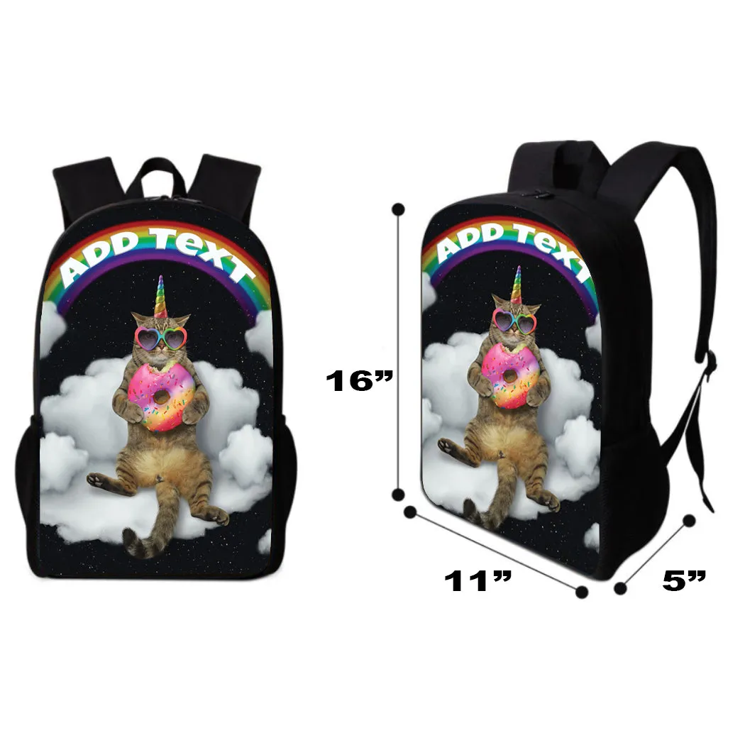 Personalized Full Color Backpacks, Lunch Bag, Duffel Bag, or Water Bottle - Cat With Donut