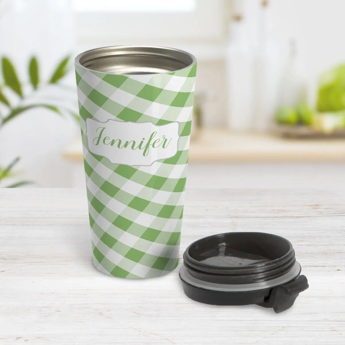 Personalized Green Gingham Travel Mug