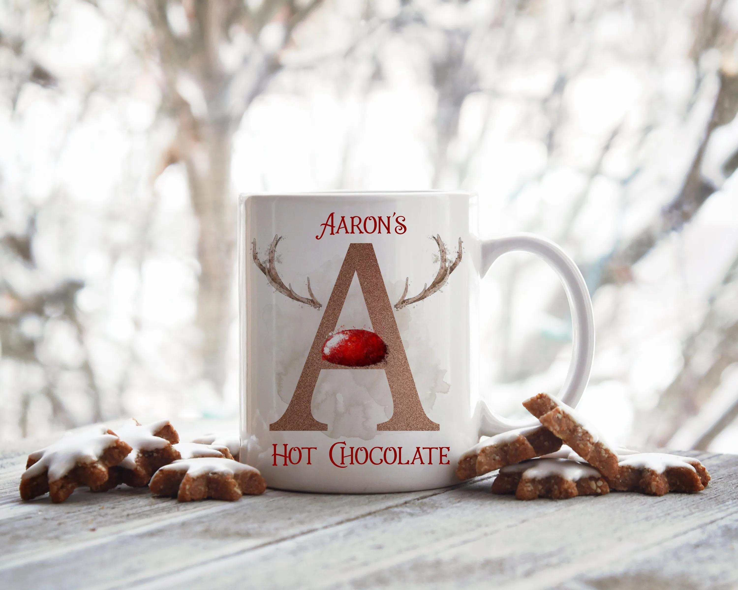 Pink Nose Antler Initial Christmas Mug