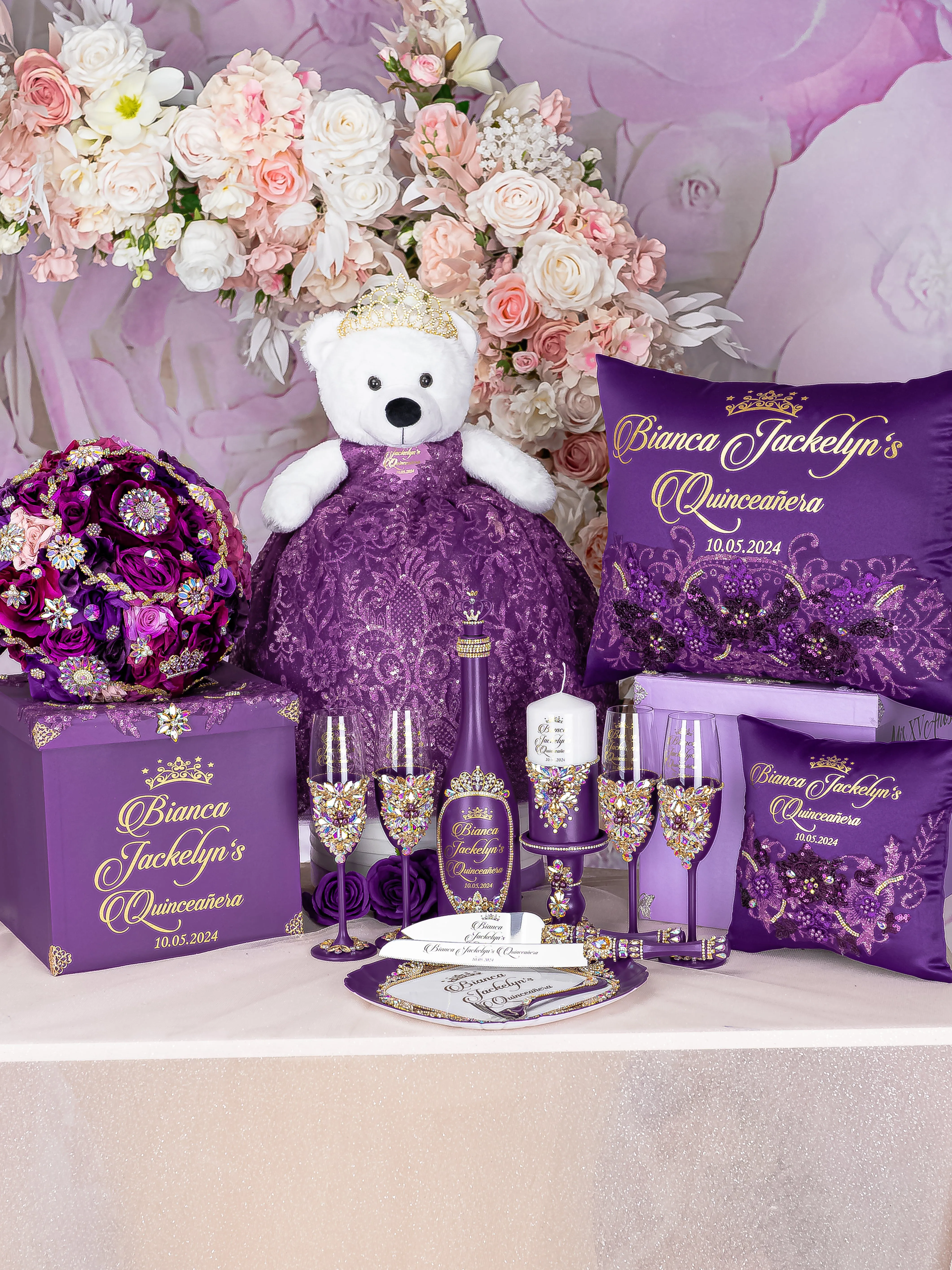 Plum Quinceanera brindis package with bottle and candle