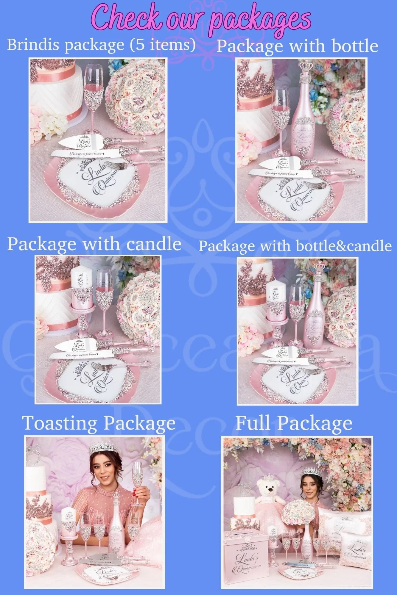 Plum Quinceanera brindis package with bottle and candle