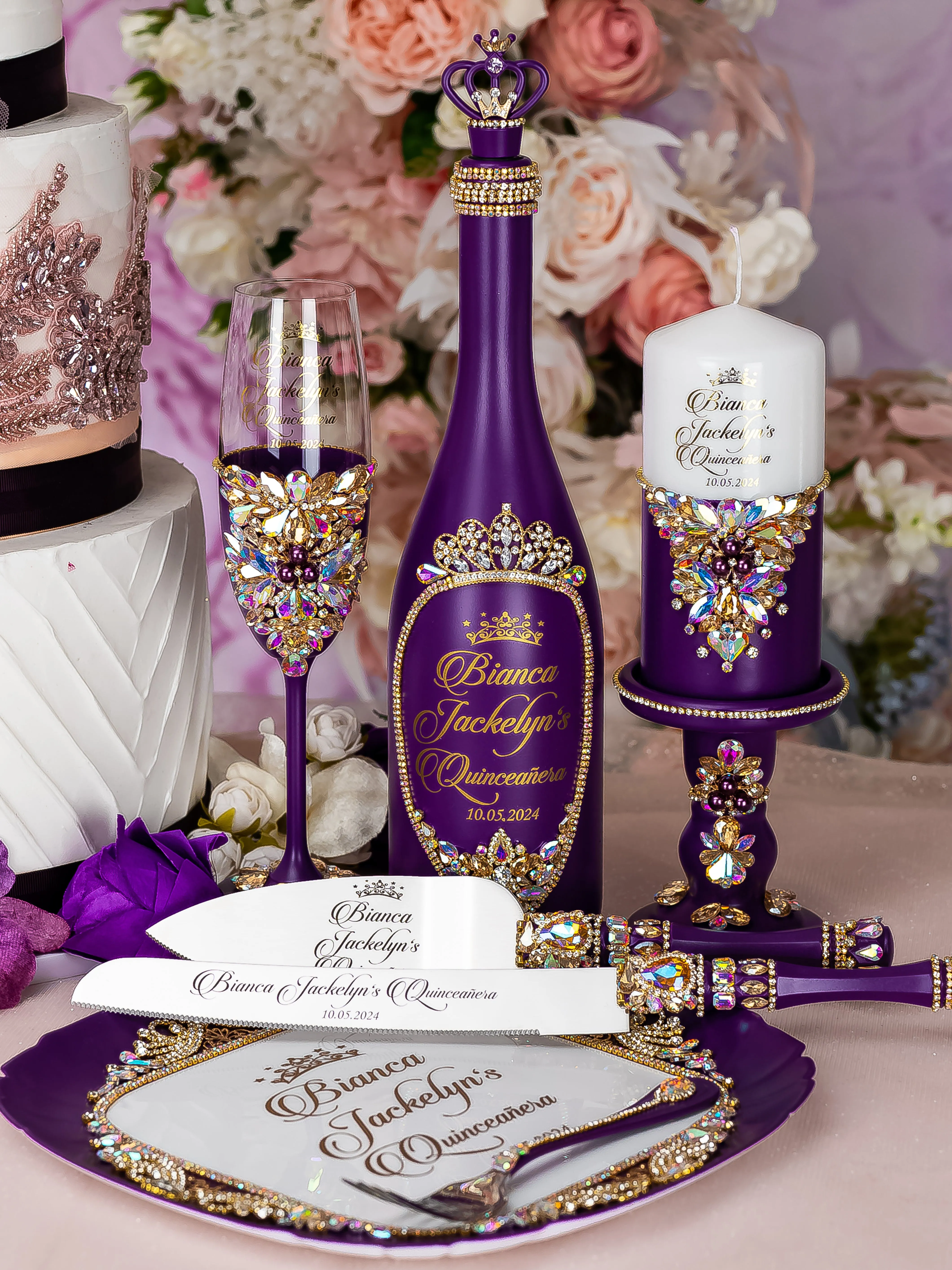 Plum Quinceanera brindis package with bottle and candle