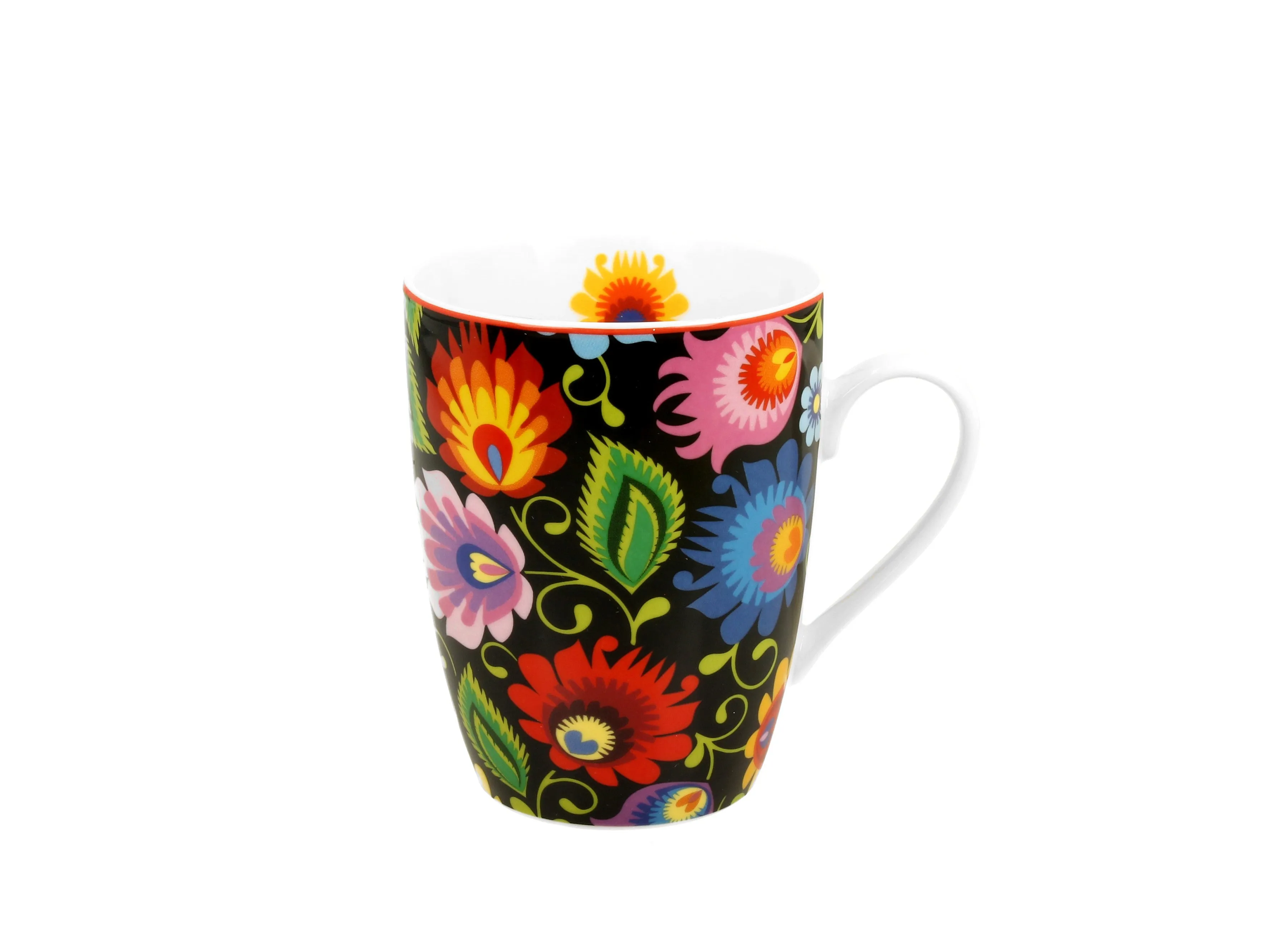 Polish Folk Art Porcelain Bullet Mug, 380ml - Lowicz Black