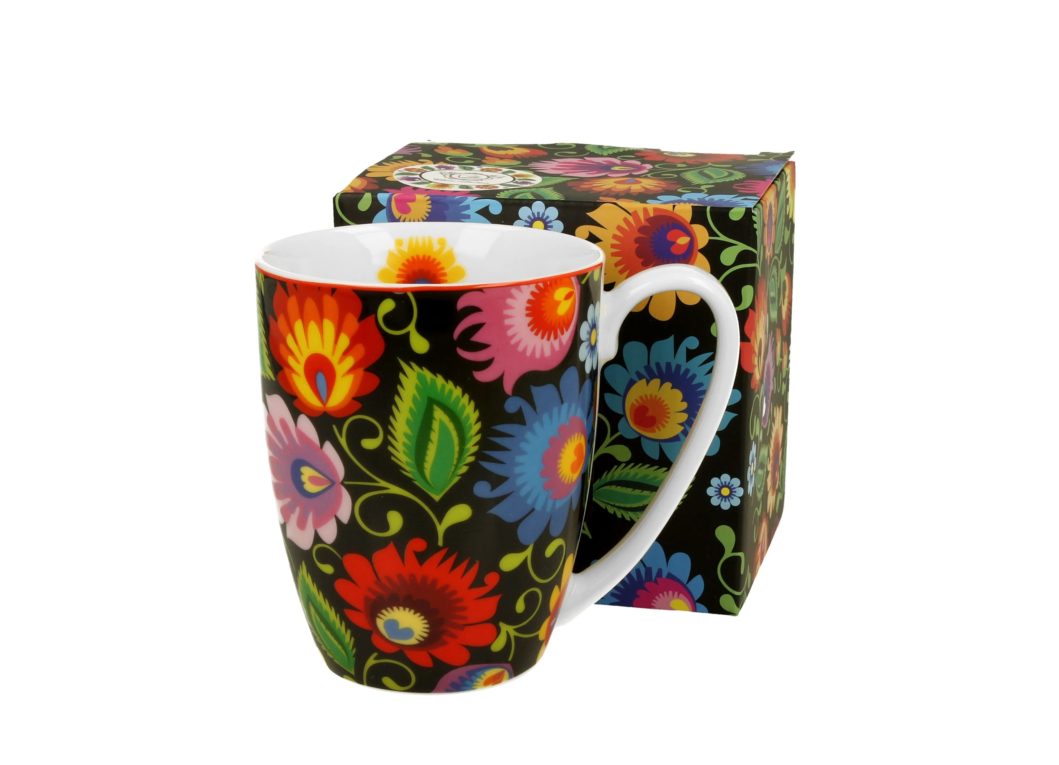 Polish Folk Art Porcelain Bullet Mug, 380ml - Lowicz Black