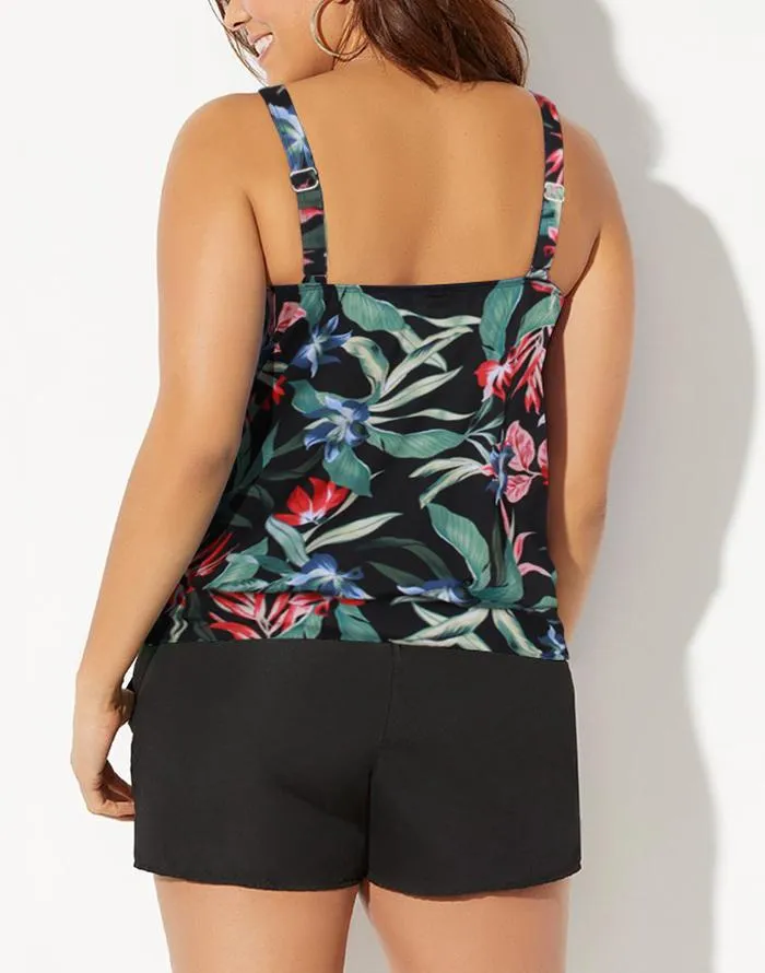 Sland Blooms Loop Strap Blouson Tankini with Cargo Short