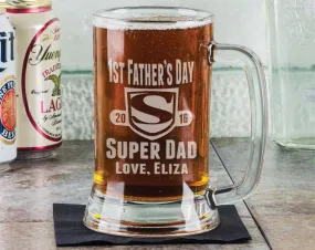 Super DAD First Fathers Day 16Oz Beer Mug Engraved with Year Names Personalized Fathesr Day Gift Idea Etched For Papa, Daddy, Dad, Step Dad