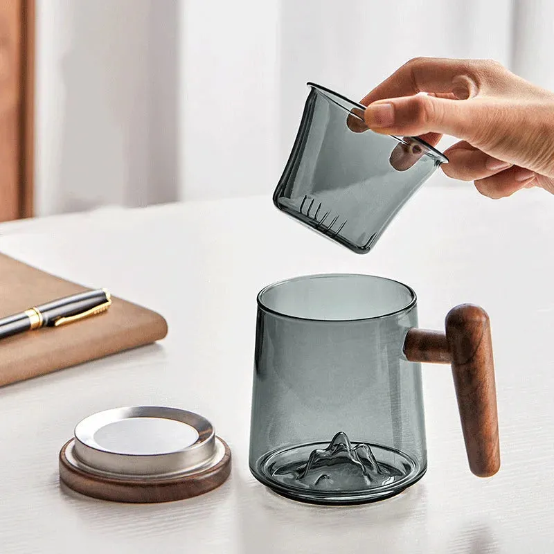 Tea Separation Filtration Glass Tea Cup Wood Handle Coaster Tea Water Separation Container With Infuser Filter