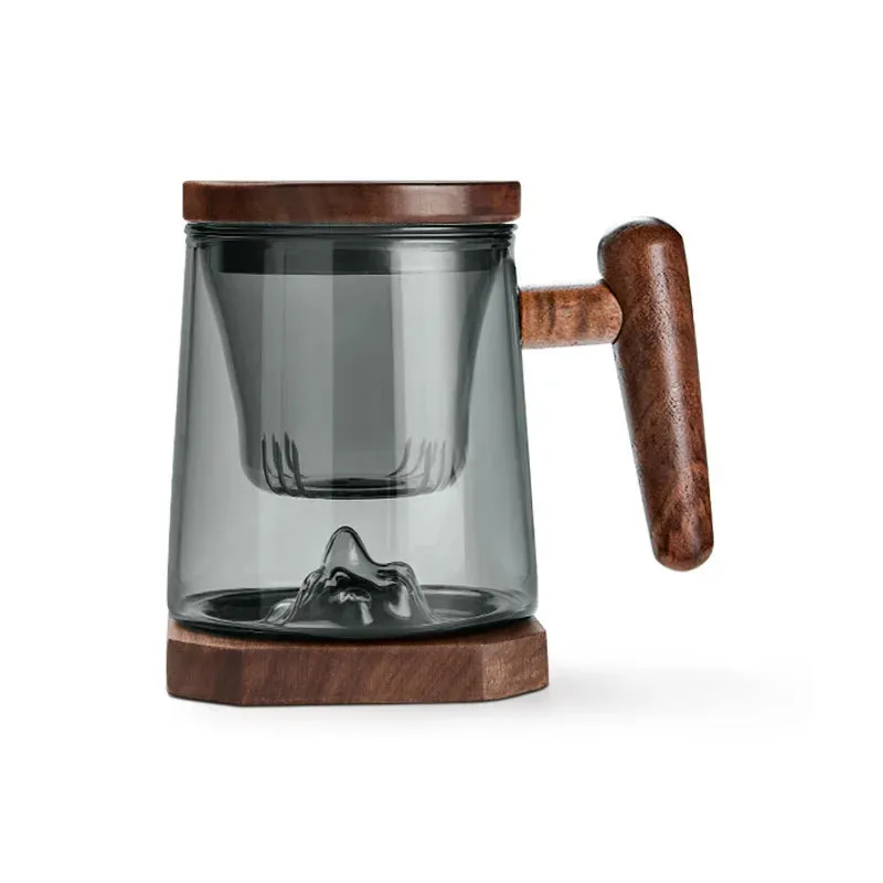 Tea Separation Filtration Glass Tea Cup Wood Handle Coaster Tea Water Separation Container With Infuser Filter