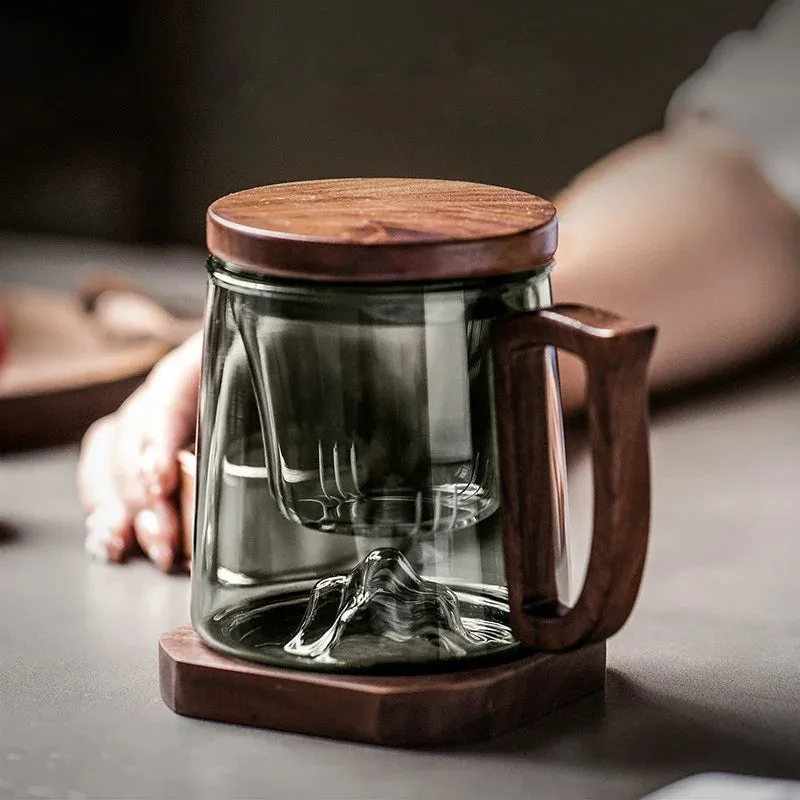 Tea Separation Filtration Glass Tea Cup Wood Handle Coaster Tea Water Separation Container With Infuser Filter