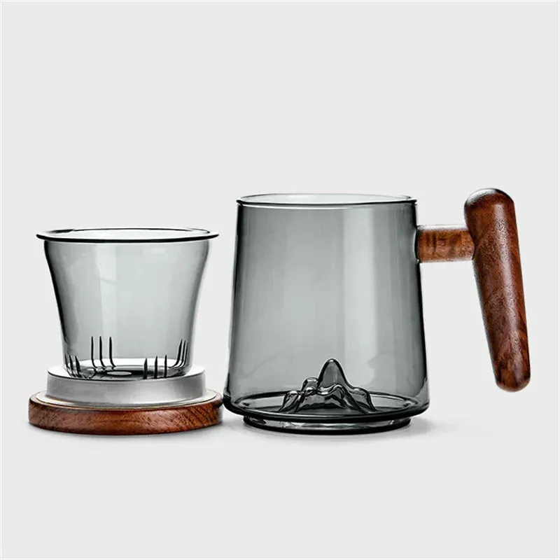 Tea Separation Filtration Glass Tea Cup Wood Handle Coaster Tea Water Separation Container With Infuser Filter