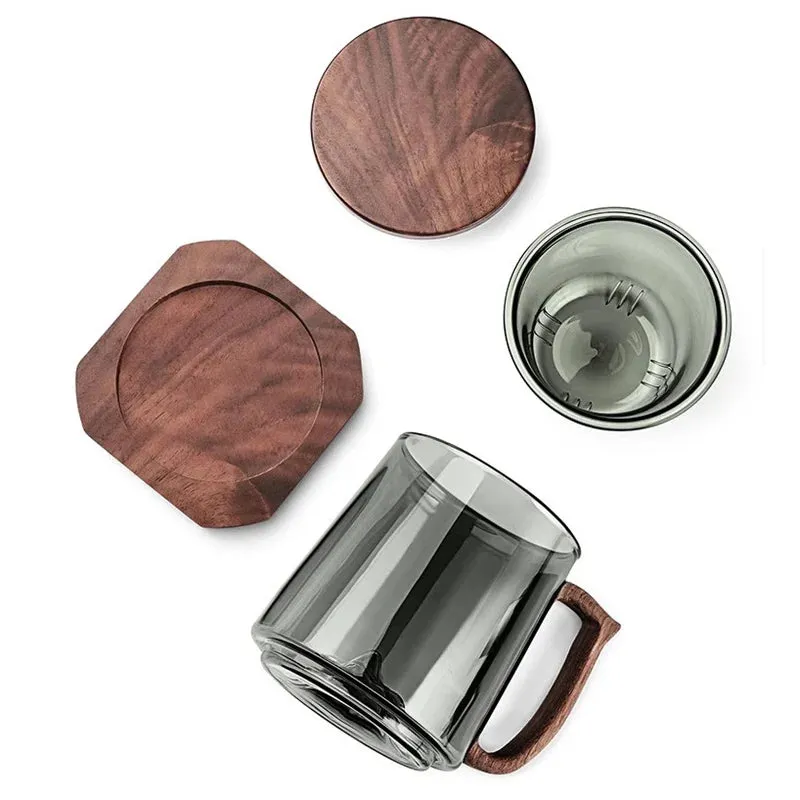 Tea Separation Filtration Glass Tea Cup Wood Handle Coaster Tea Water Separation Container With Infuser Filter