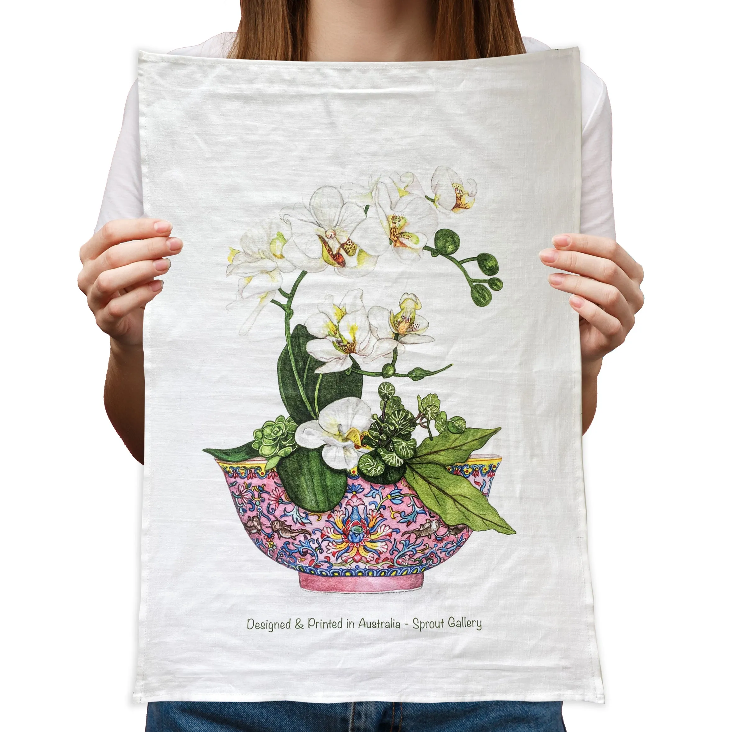 Tea Towel of orchids in pink chinoiserie antique bowl