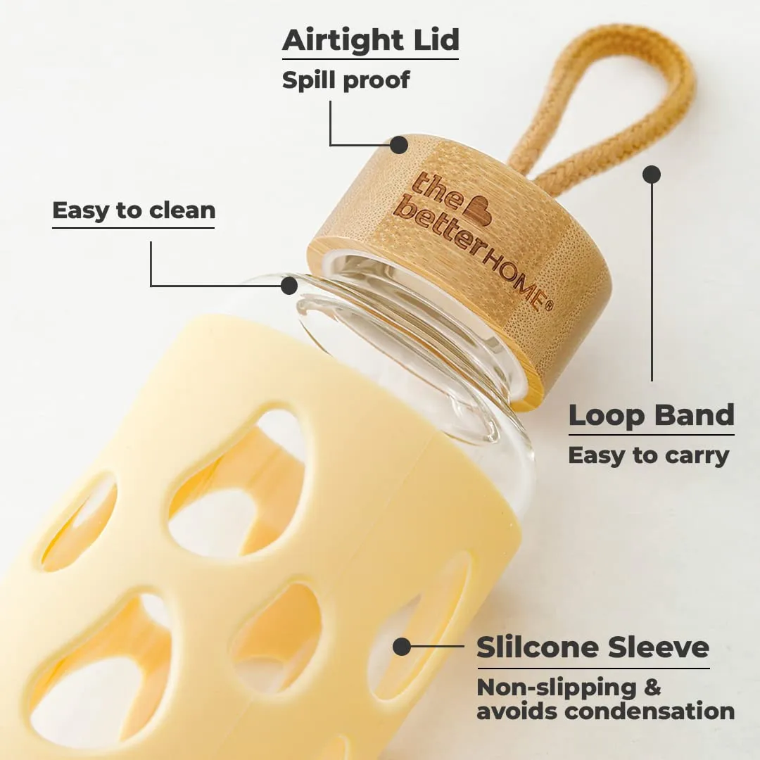 The Better Home Borosilicate Glass Water Bottle with Sleeve (550ml) | Non Slip Silicon Sleeve & Bamboo Lid | Water Bottles for Fridge (Pack of 2) (Yellow)