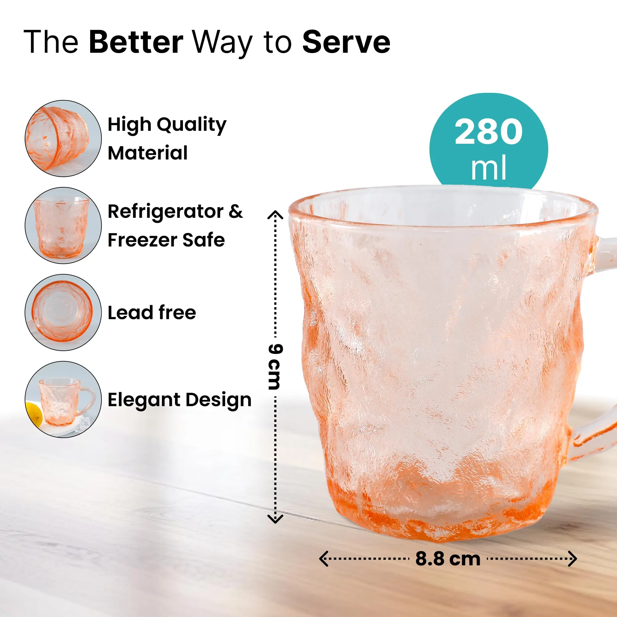 The Better Home Zest Glass Tea Cups (4Pcs-280ml Each) Lead Free Coffee Cup Set | Scratch-Resistance Microwave Safe Coffee Mug Set |House Warming Gifts for New Home |Return Gifts for Women-Amber