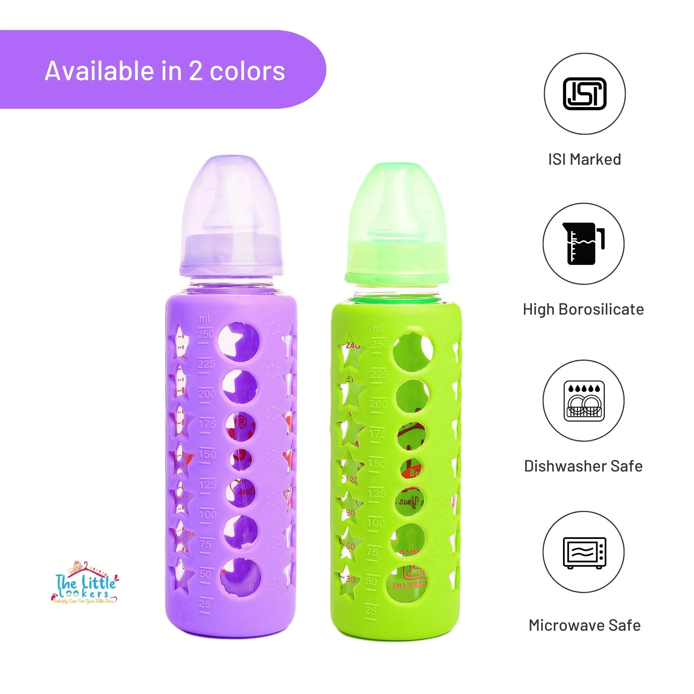 The Little Lookers High Borosilicate Glass Feeding Bottle for Baby/Feeder for Newborn |Super Soft Flow Control & Anti Colic Nipple for Infants/Toddlers(Pack of 2)