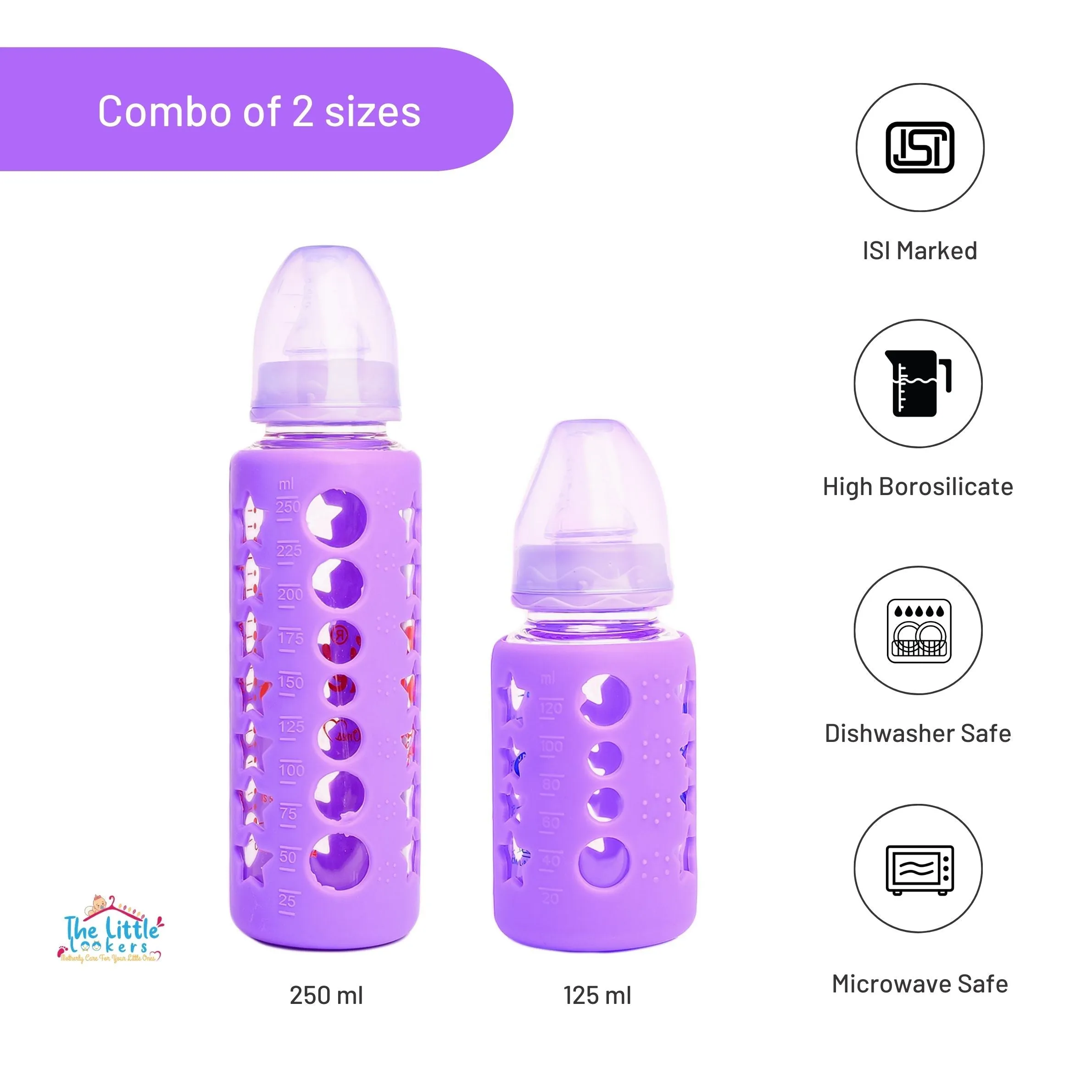 The Little Lookers High Borosilicate Glass Feeding Bottle for Baby/Feeder for Newborn |Super Soft Flow Control & Anti Colic Nipple for Infants/Toddlers(Pack of 2)