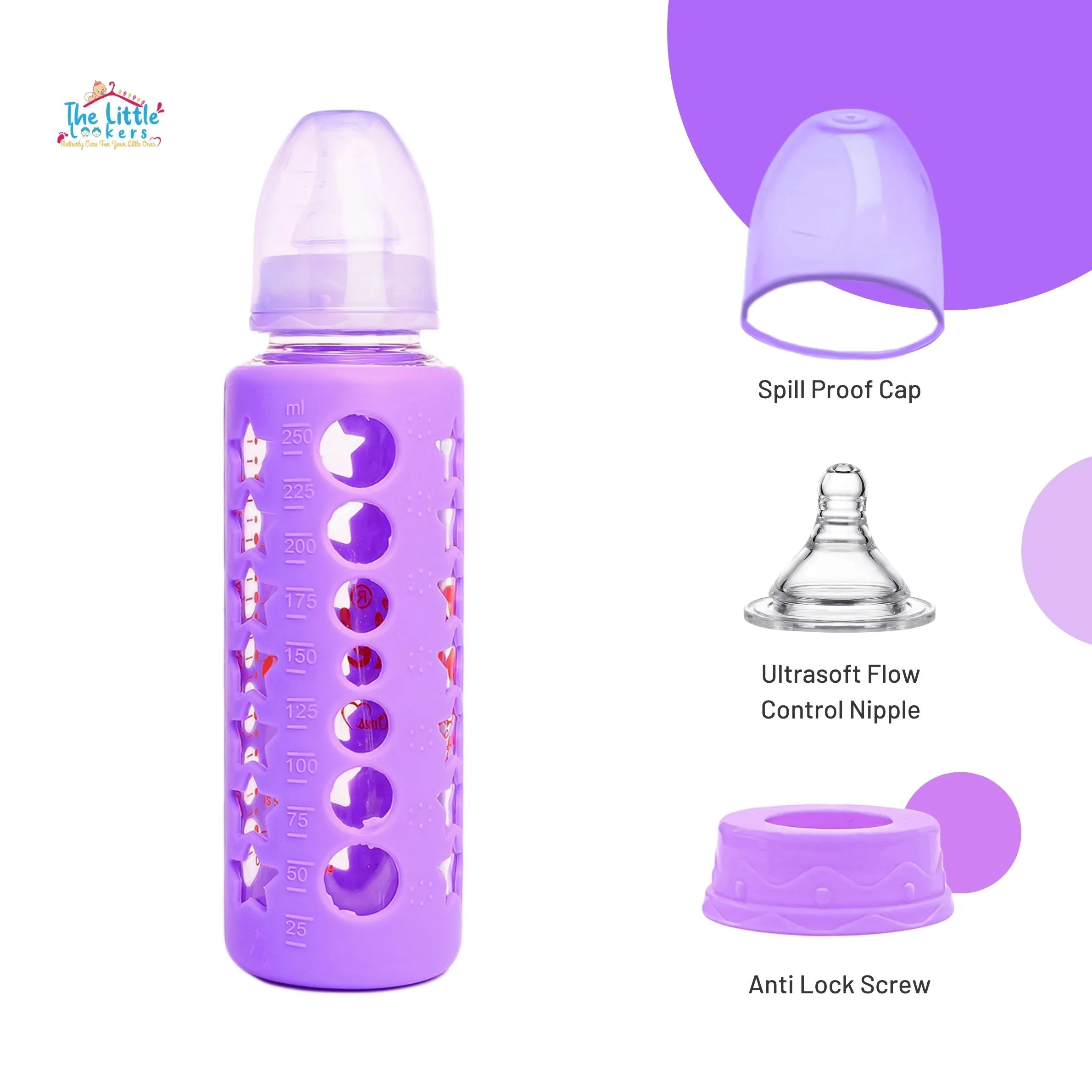 The Little Lookers High Borosilicate Glass Feeding Bottle for Baby/Feeder for Newborn |Super Soft Flow Control & Anti Colic Nipple for Infants/Toddlers(Pack of 2)