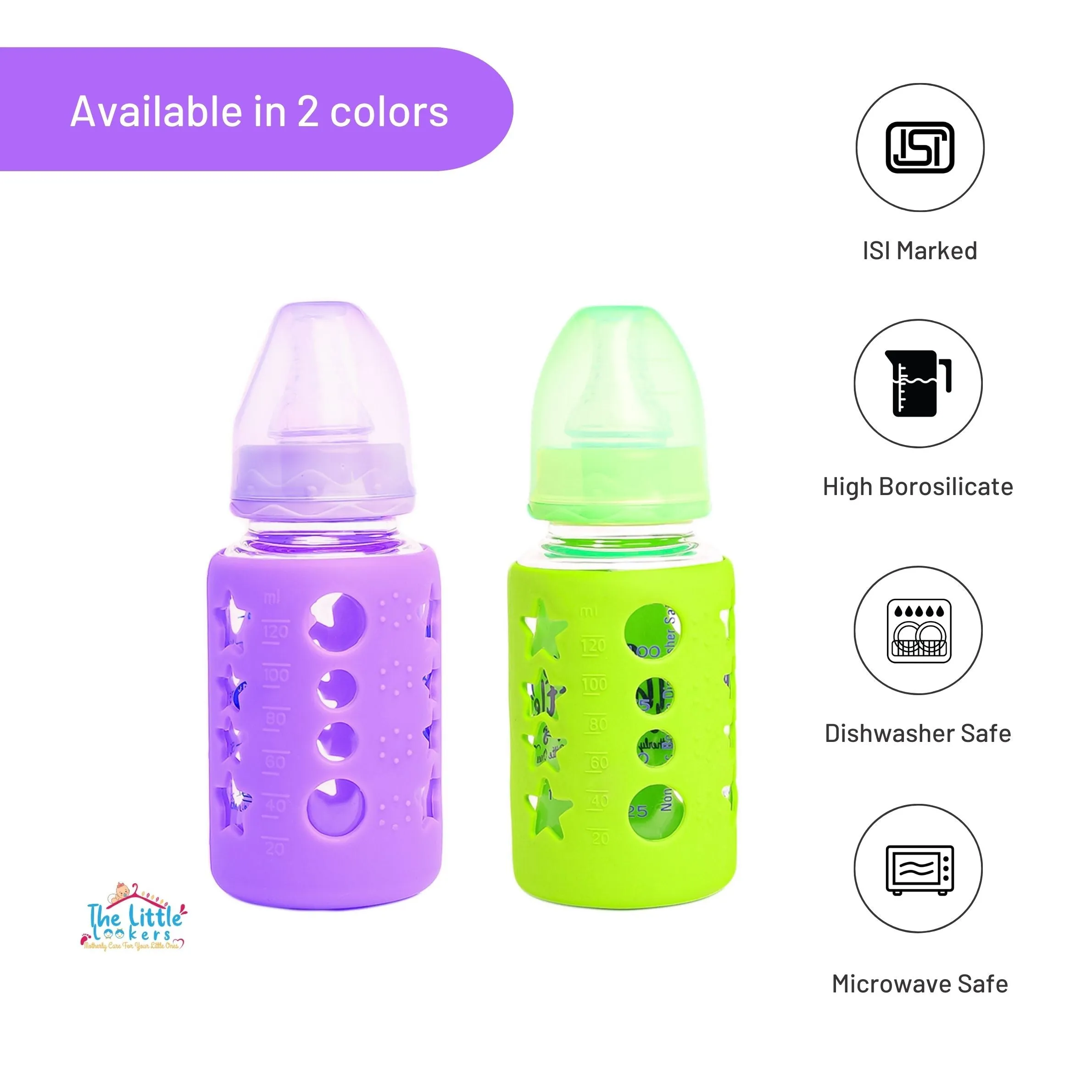 The Little Lookers High Borosilicate Glass Feeding Bottle for Baby/Feeder for Newborn |Super Soft Flow Control & Anti Colic Nipple for Infants/Toddlers(Pack of 2)