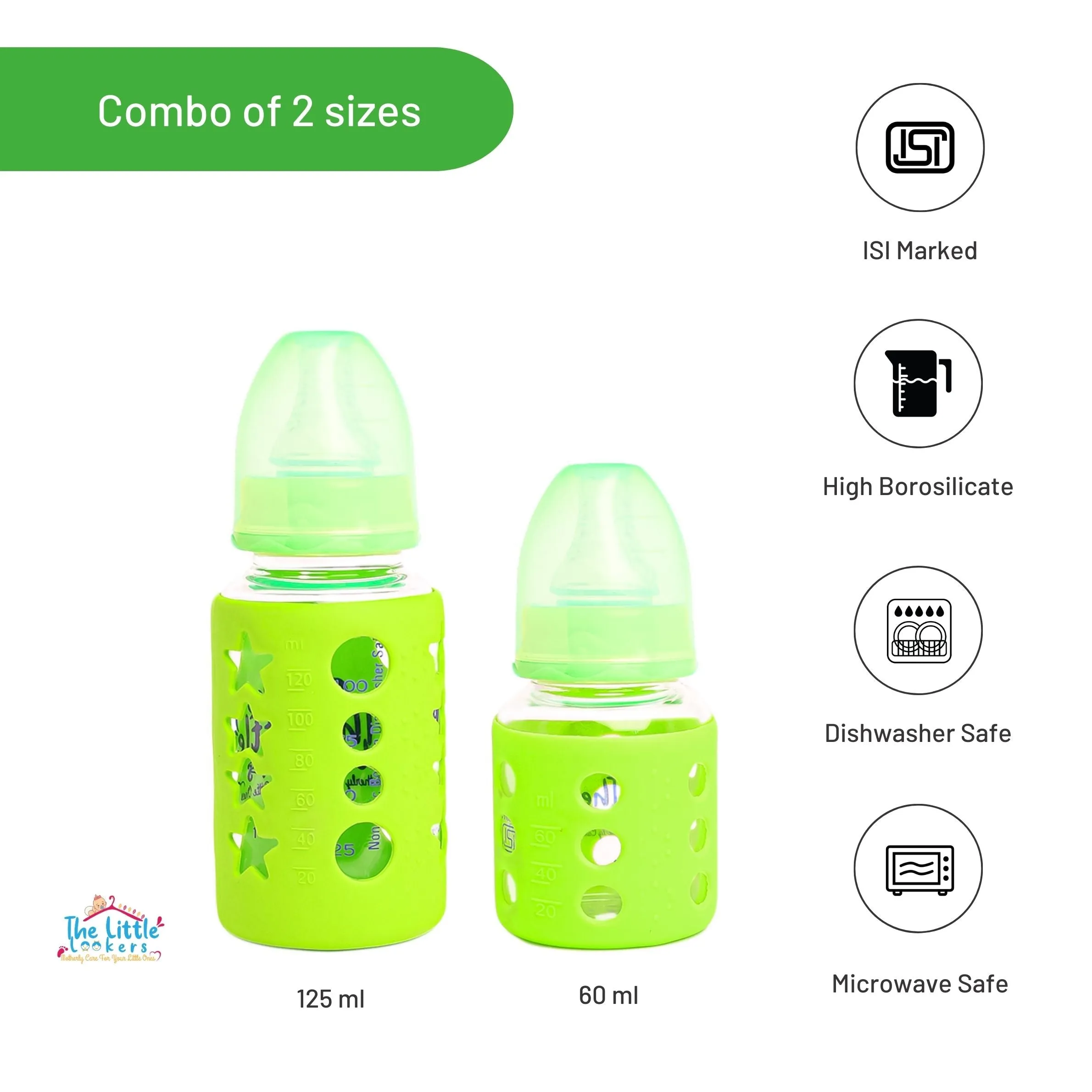 The Little Lookers High Borosilicate Glass Feeding Bottle for Baby/Feeder for Newborn |Super Soft Flow Control & Anti Colic Nipple for Infants/Toddlers(Pack of 2)