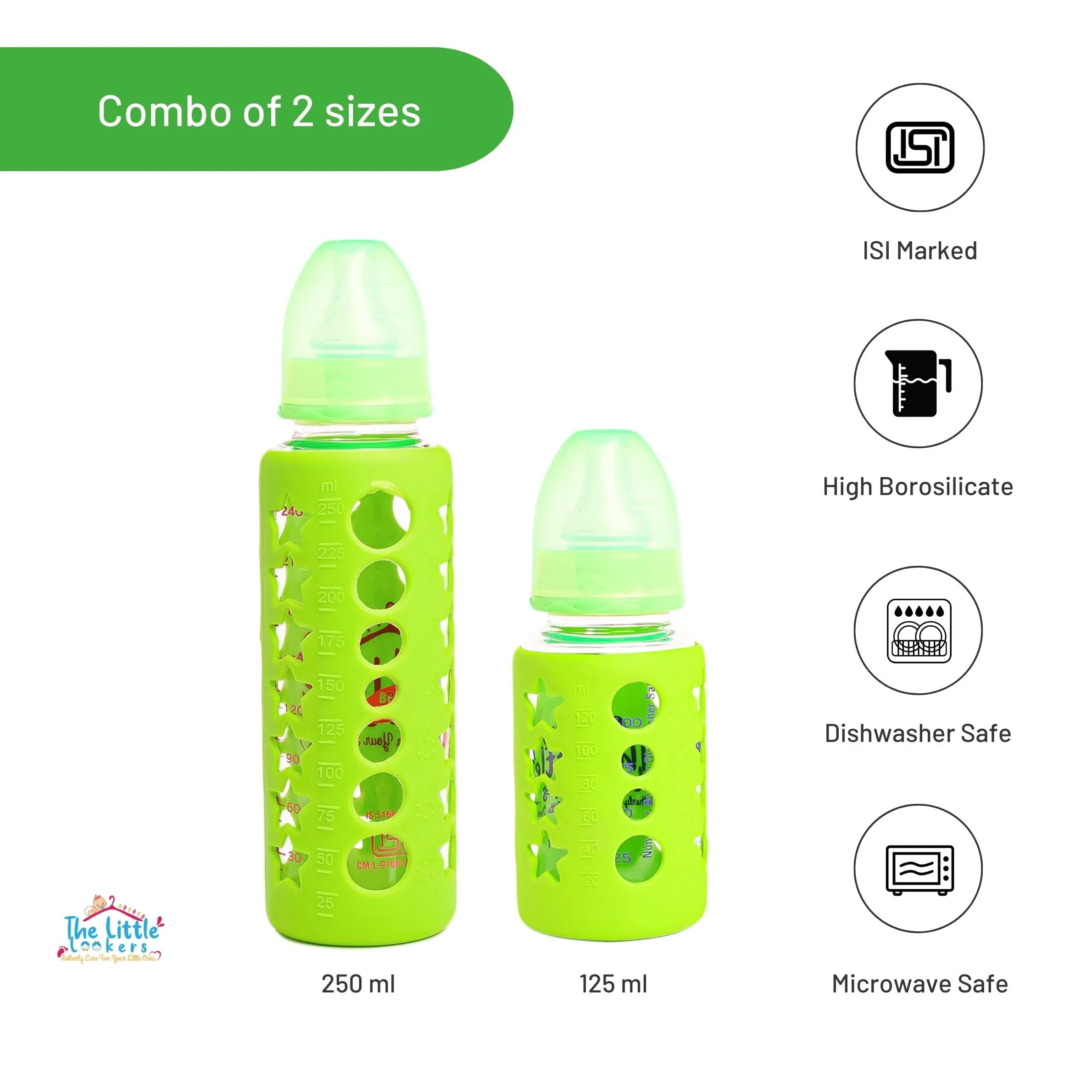 The Little Lookers High Borosilicate Glass Feeding Bottle for Baby/Feeder for Newborn |Super Soft Flow Control & Anti Colic Nipple for Infants/Toddlers(Pack of 2)