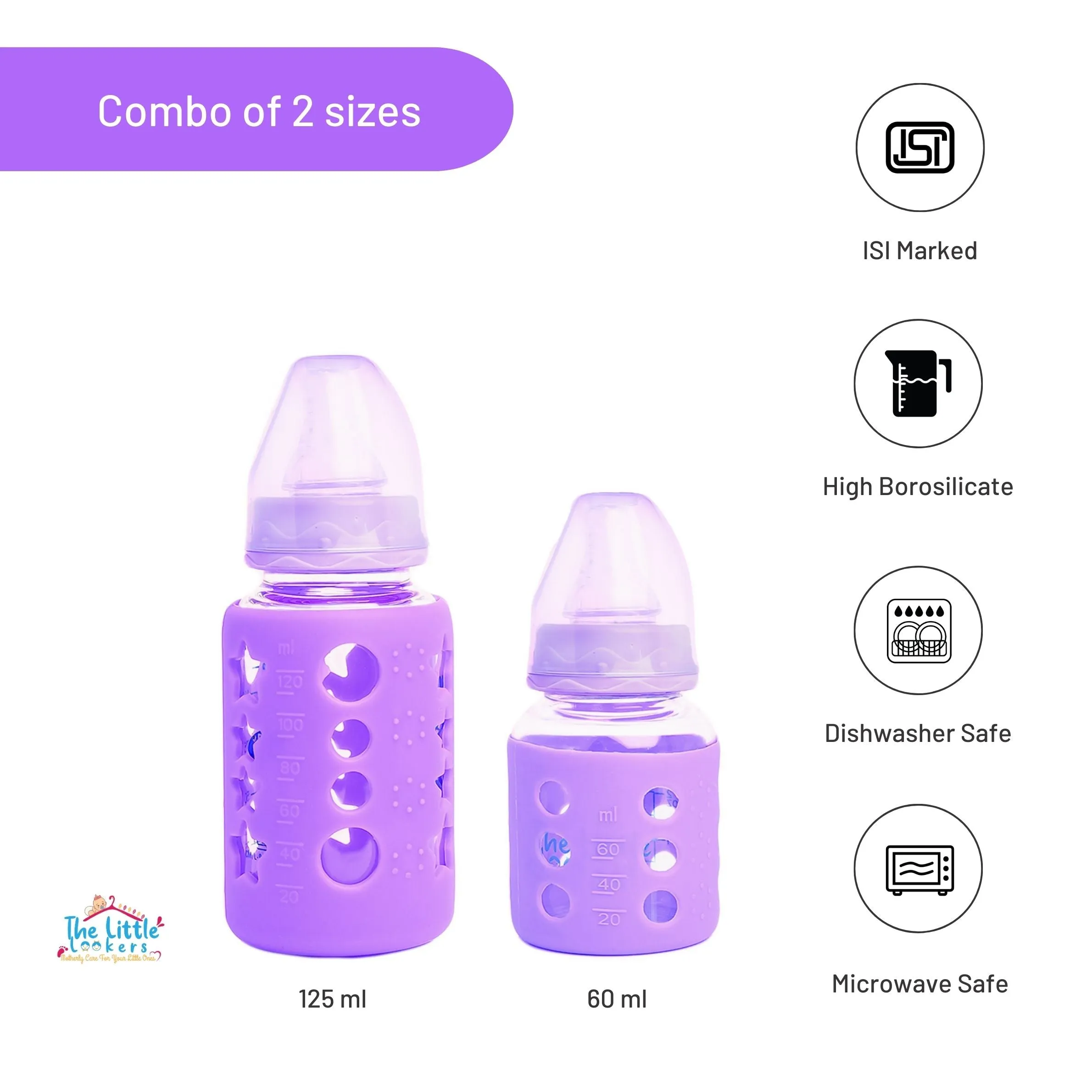 The Little Lookers High Borosilicate Glass Feeding Bottle for Baby/Feeder for Newborn |Super Soft Flow Control & Anti Colic Nipple for Infants/Toddlers(Pack of 2)