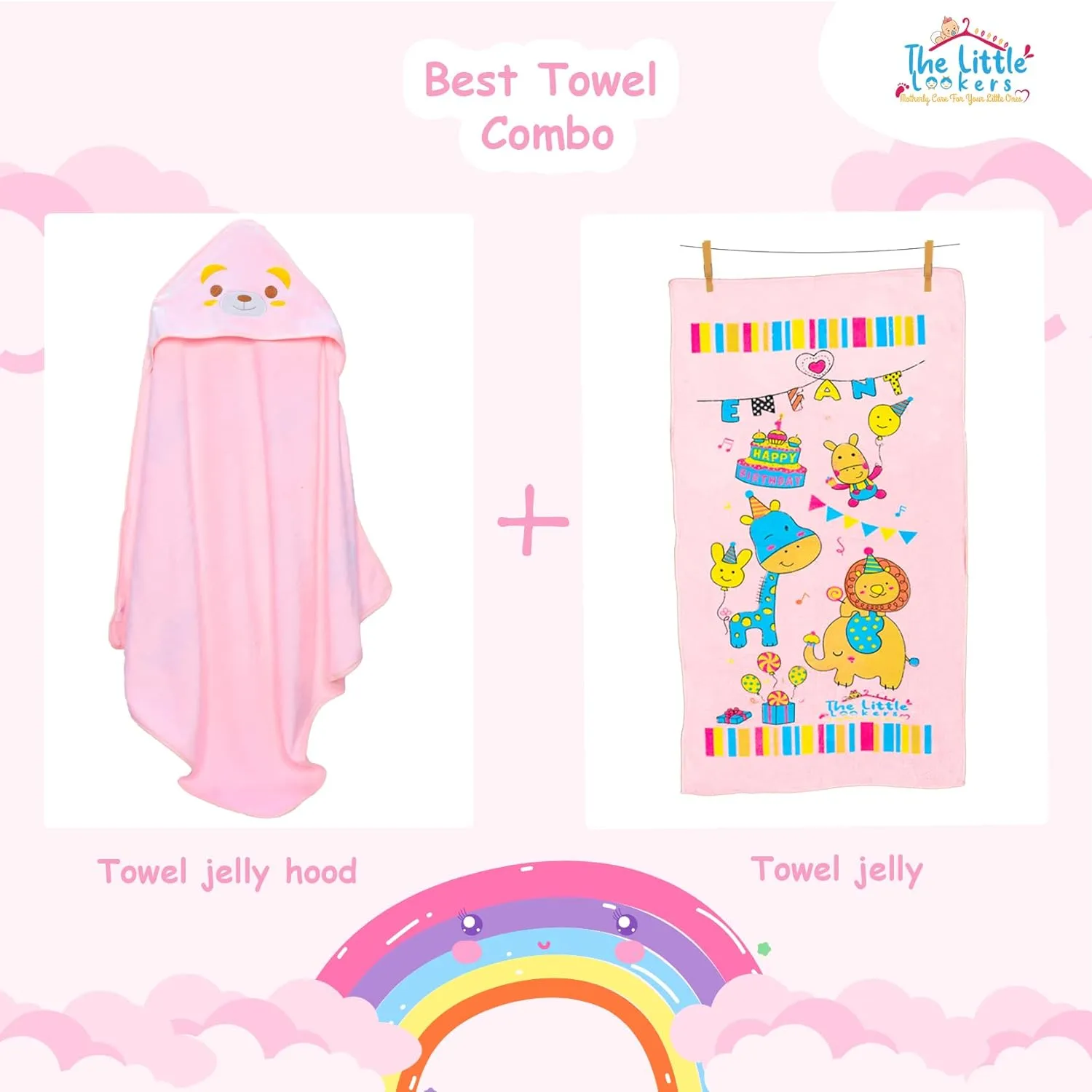 THE LITTLE LOOKERS Super Soft Baby Bath Towel Set | 1 Hooded Towel & 1 Bath Towel | for Infants & Babies - Set of 2