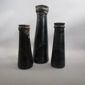 Three Black Glass French Truffle Bottles Hand Blown Antique Victorian c1860