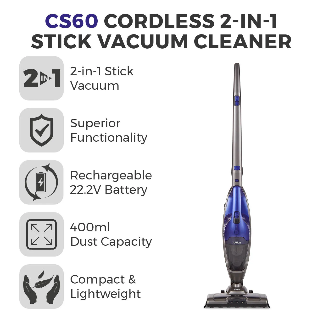 Tower Cordless Vacuum Cleaner CS60 2-in-1 Stick Vac - Washington Blue