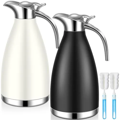 Uiifan 2 Pieces 68 oz Stainless Steel Coffee Thermal Carafe, Thermal Coffee Carafe Insulated Double Walled Vacuum Thermal Pot Flask with Brushes 12 Hour Heat Retention (Black, White)