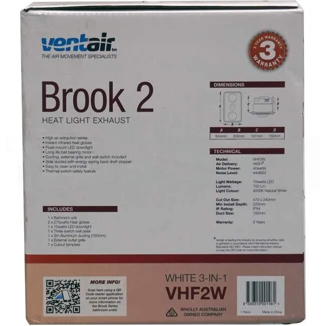 Ventair 3 In 1 BROOK 2 Bathroom Heater Lamp Light & Exhaust Fan White With 2 Heat & 1 x 10 Watt LED Light