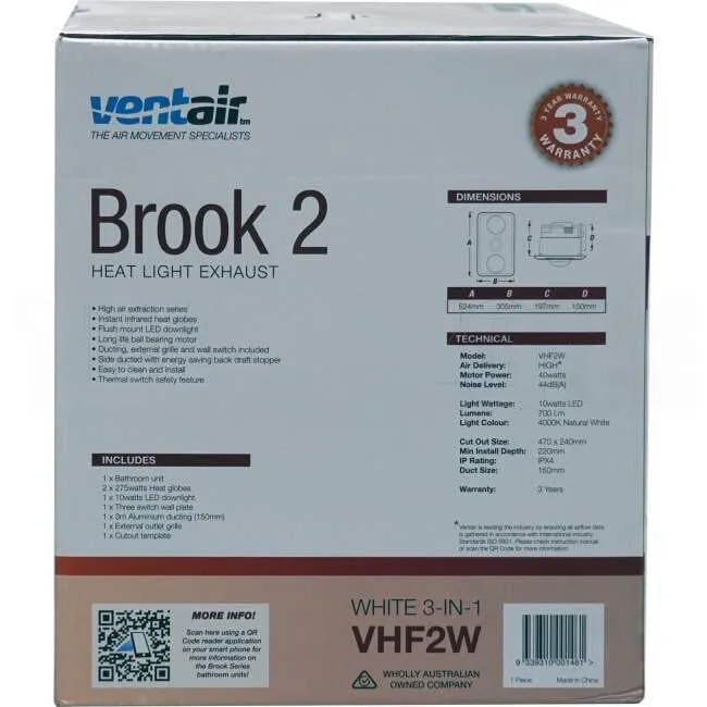 Ventair 3 In 1 BROOK 2 Bathroom Heater Lamp Light & Exhaust Fan White With 2 Heat & 1 x 10 Watt LED Light