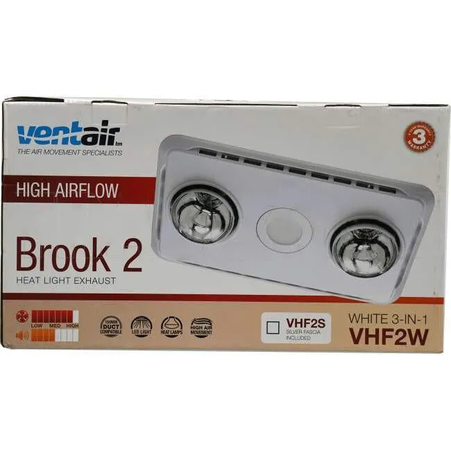 Ventair 3 In 1 BROOK 2 Bathroom Heater Lamp Light & Exhaust Fan White With 2 Heat & 1 x 10 Watt LED Light