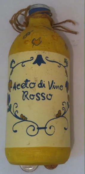 Vintage Glass Hand Painted Bottle, Aceto Di VIno Rosso, 7 x 3, Shelf Display, Home Decor, Collectible Bottle, Glass Bottle, Yellow Bottle