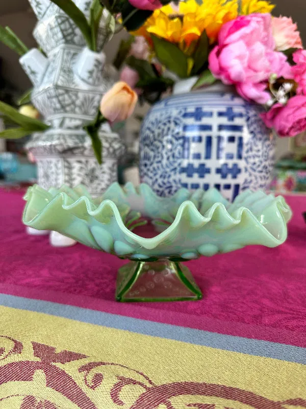 Vintage Pedestal Bowl, Jefferson/Dugan Glass, Shell Palm, Green ,Opalescent